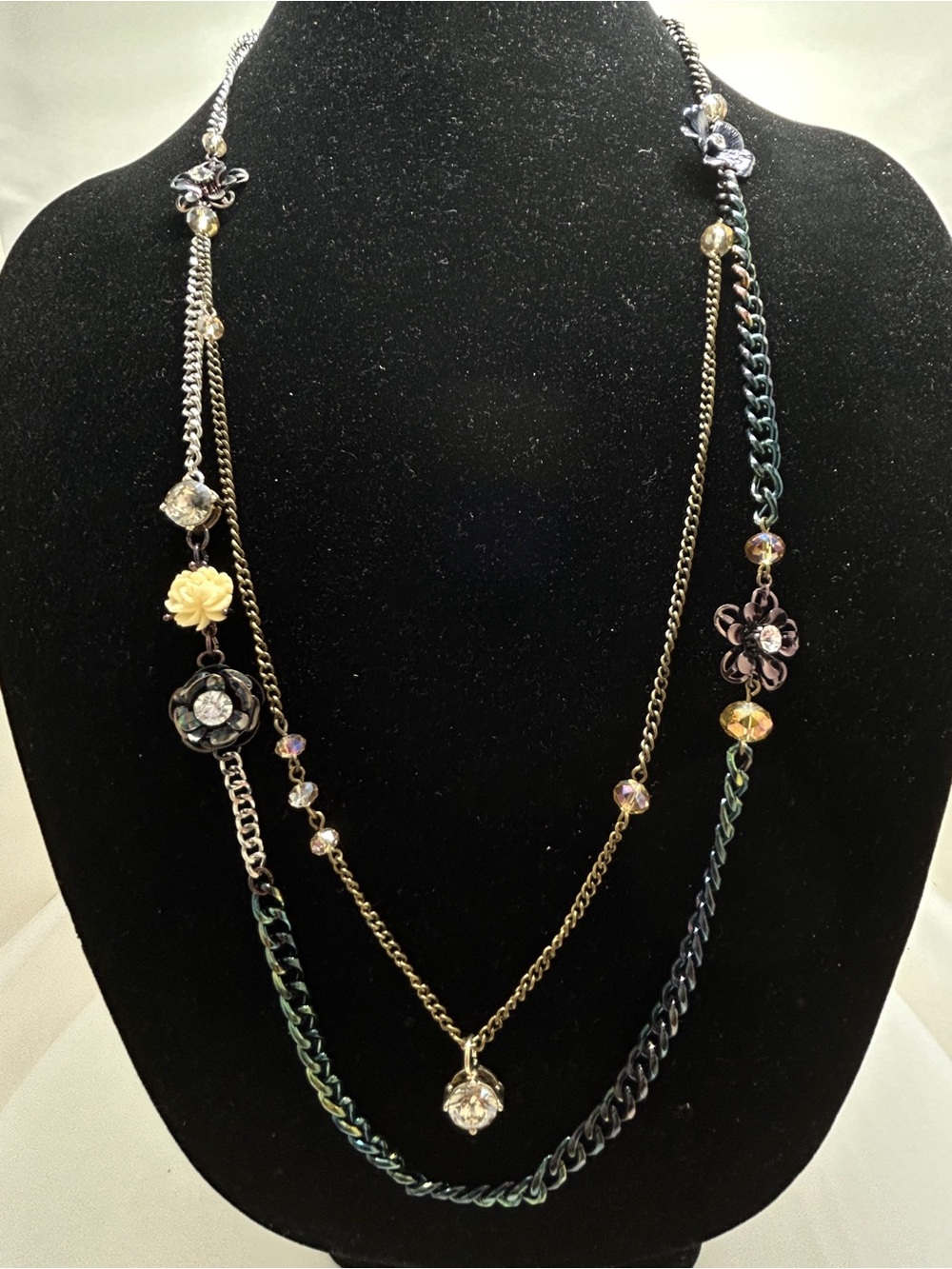 LOFT, Double Strand Silver & Blackened Metal Dark Blue Floral & Crystal Necklace
